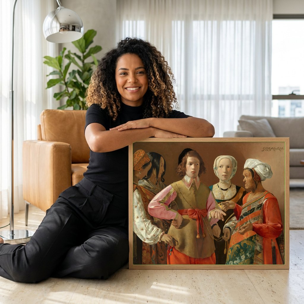 Quadro Decorativo A Enganadora - Georges de La Tour | modelo apresentando o quadro emoldurado