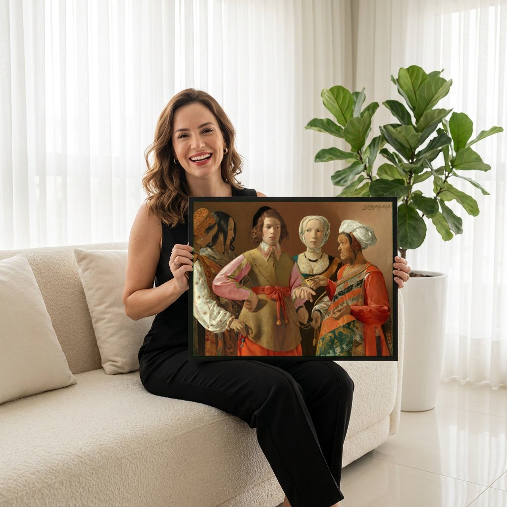 Quadro Decorativo A Enganadora - Georges de La Tour | modelo apresentando o quadro emoldurado