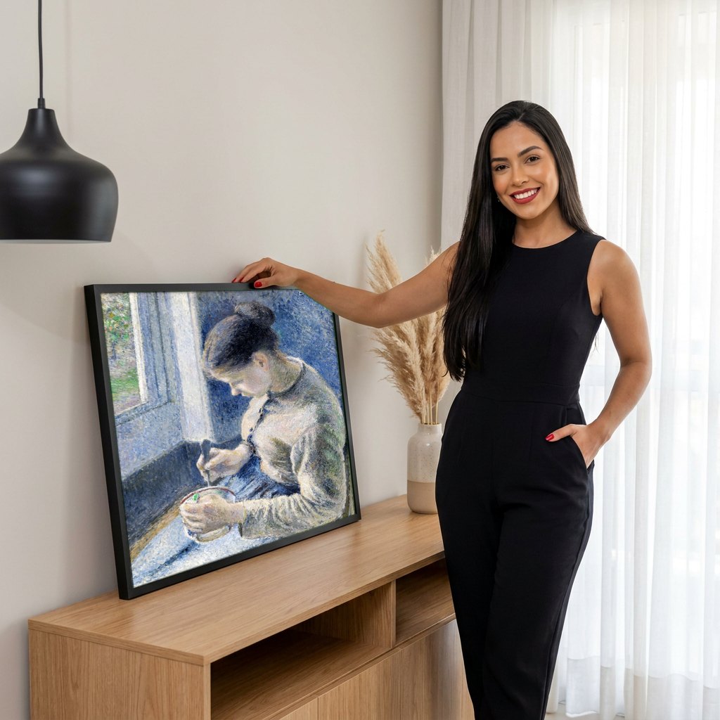 Quadro Decorativo Jovem Mulher Costurando - Pissarro | modelo apresentando o quadro emoldurado