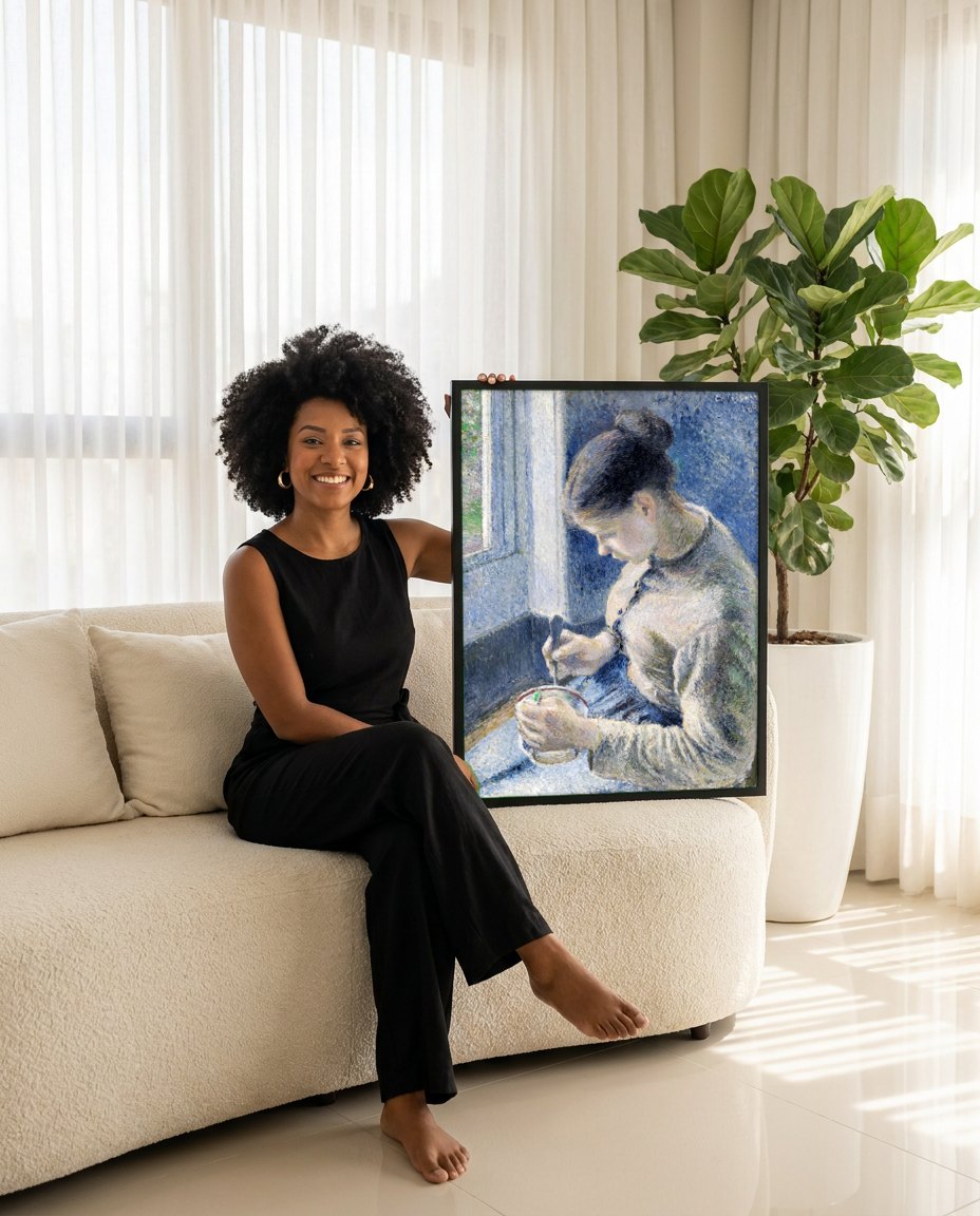Quadro Decorativo Jovem Mulher Costurando - Pissarro | modelo apresentando o quadro emoldurado