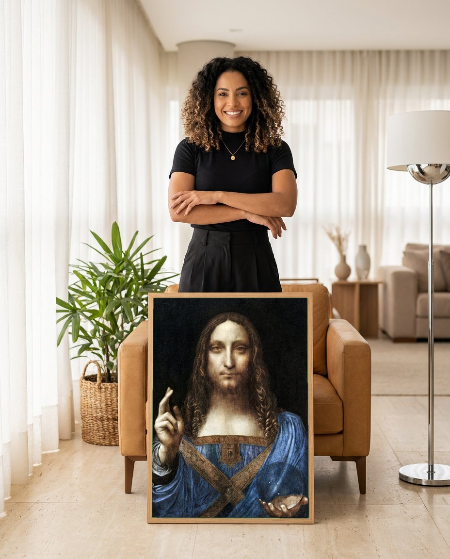 Quadro Decorativo Salvator Mundi - Leonardo Da Vinci | modelo apresentando o quadro emoldurado