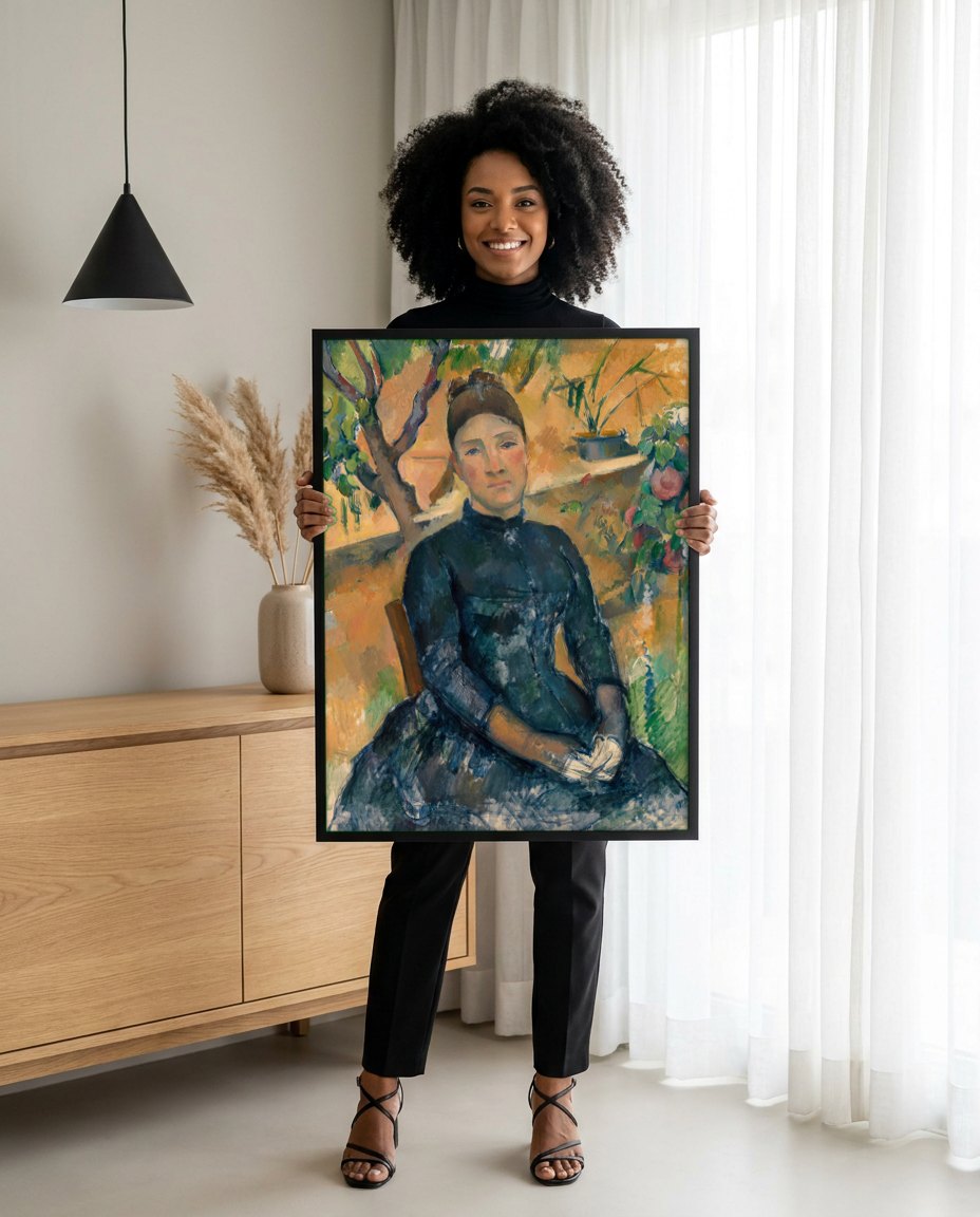 Quadro Decorativo Madame Cézanne no Jardim - Paul Cézanne | modelo apresentando o quadro emoldurado