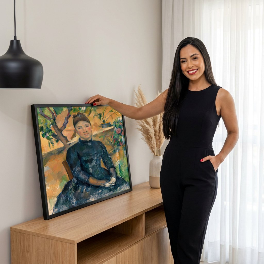 Quadro Decorativo Madame Cézanne no Jardim - Paul Cézanne | modelo apresentando o quadro emoldurado