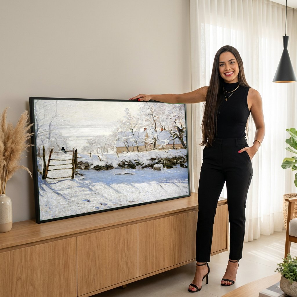 Quadro Decorativo A Gralha na Neve - Claude Monet | modelo apresentando o quadro emoldurado