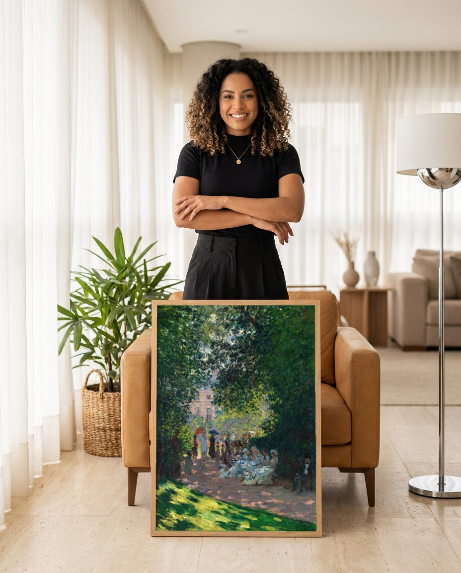 Quadro Decorativo Jardins Sombrios - Claude Monet | modelo apresentando o quadro emoldurado