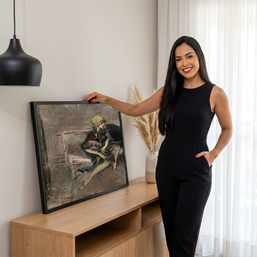Quadro Decorativo Dama com Cachorro - Boldini | modelo apresentando o quadro emoldurado