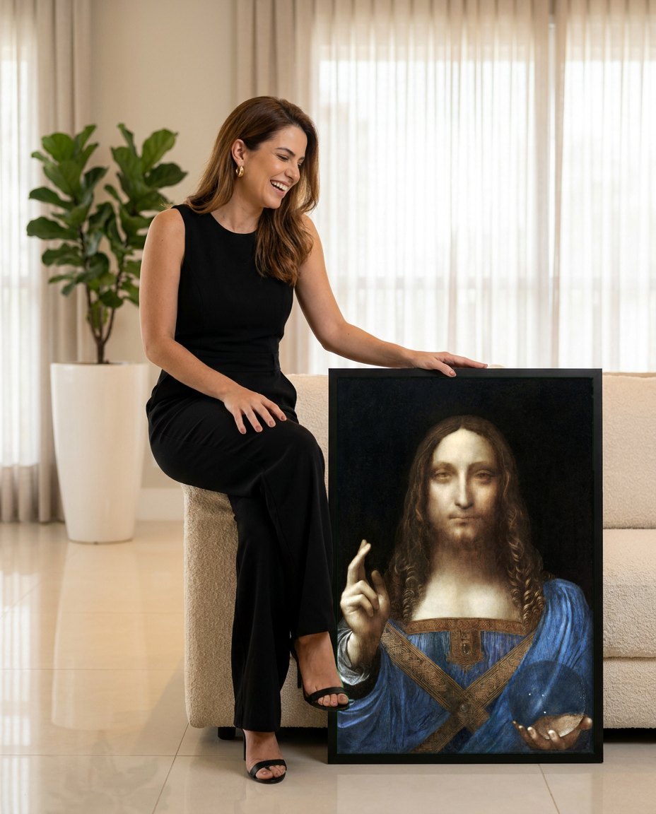 Quadro Decorativo Salvator Mundi - Leonardo Da Vinci | modelo apresentando o quadro emoldurado