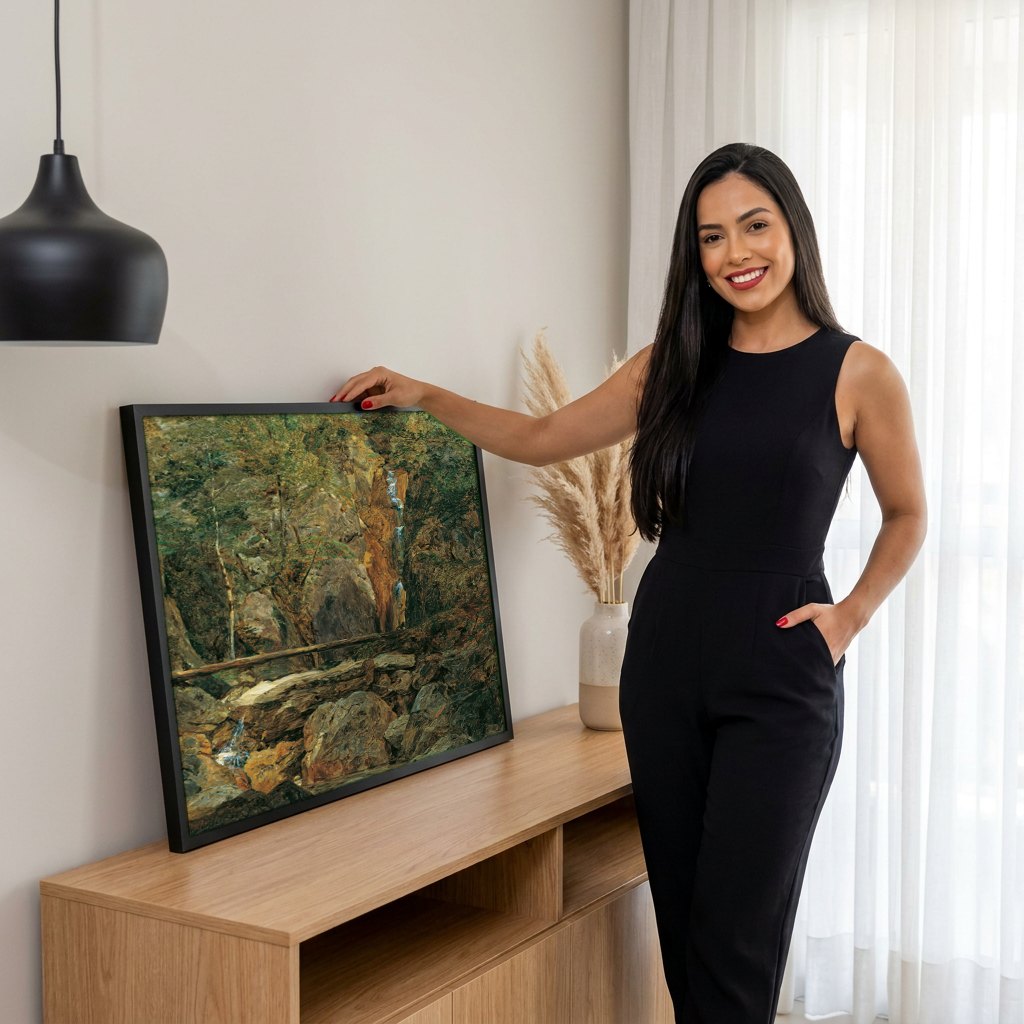 Quadro Decorativo A Cachoeira - Ferdinand Georg Waldmüller | modelo apresentando o quadro emoldurado