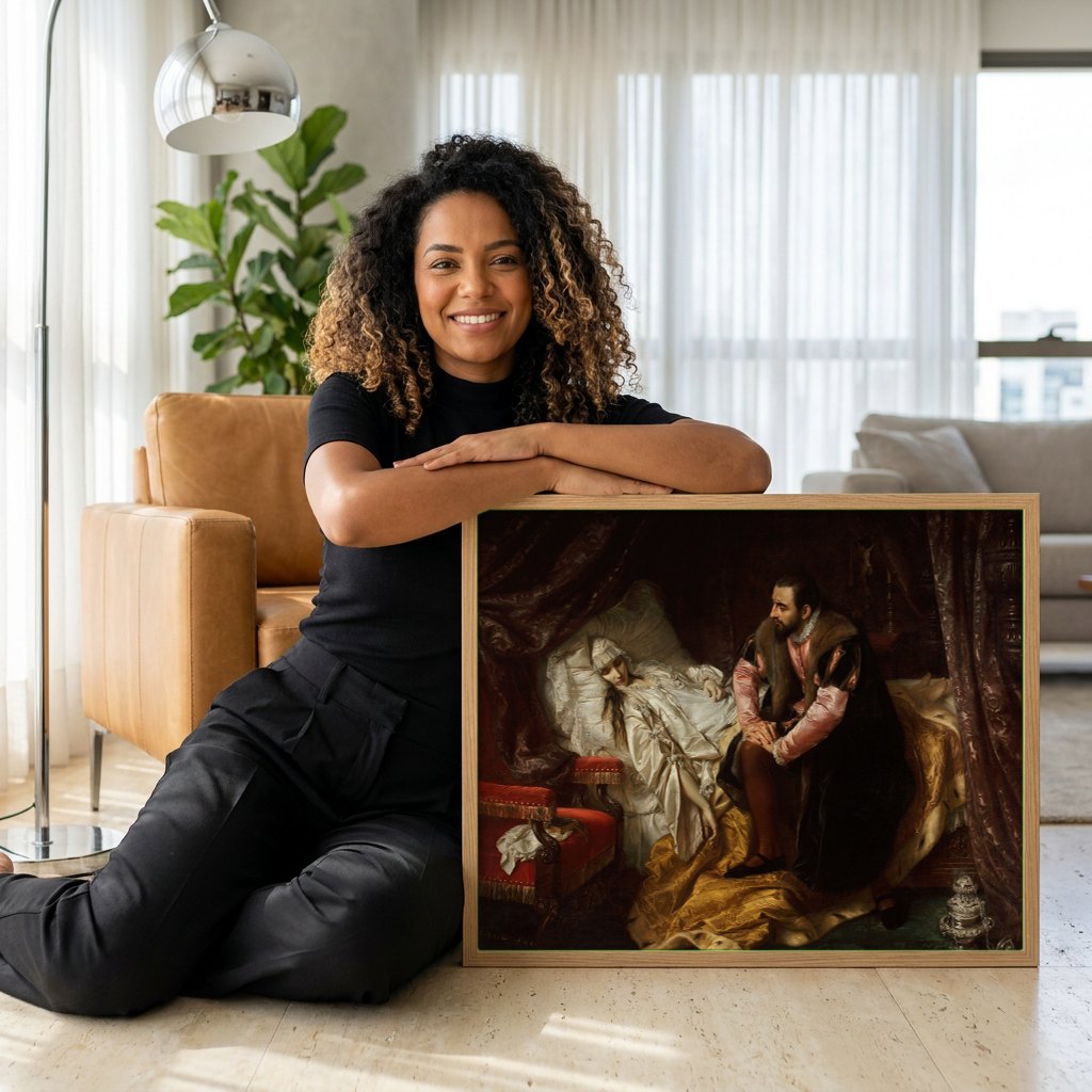 Quadro Decorativo A Morte de Barbara Radziwill - Simmler | modelo apresentando o quadro emoldurado