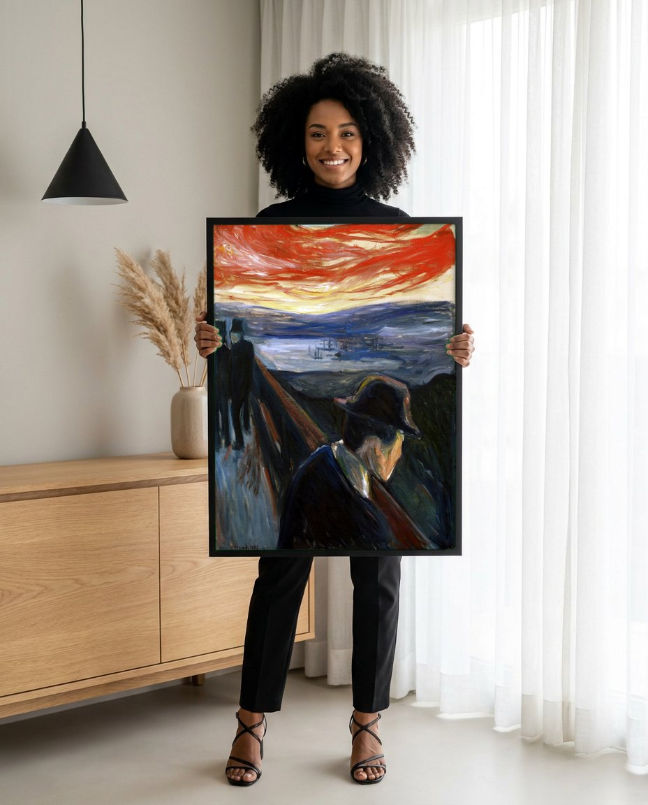 Quadro Decorativo Melancolia (ou Ciúme) - Edvard Munch | modelo apresentando o quadro emoldurado