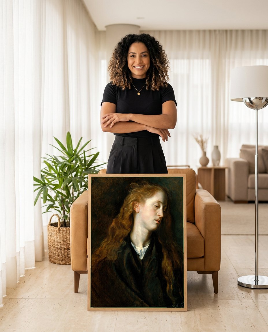 Quadro Decorativo Retrato Feminino - Van Dyck | modelo apresentando o quadro emoldurado