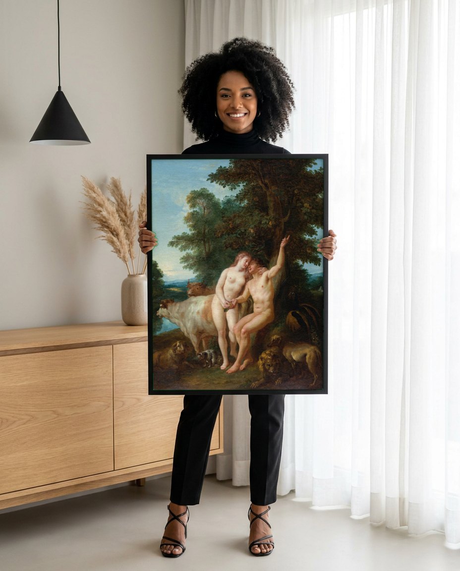 Quadro Decorativo A Criação do Homem e da Mulher - Jean François de Troy | modelo apresentando o quadro emoldurado