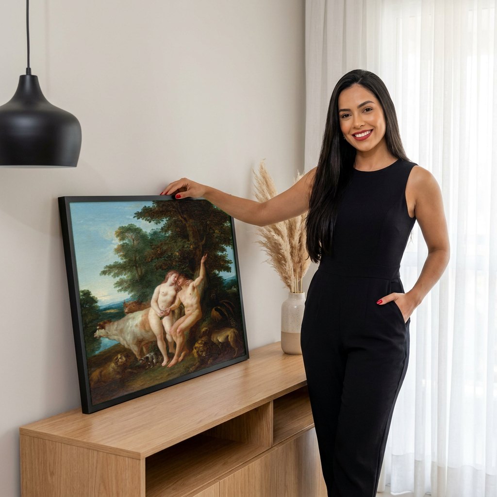 Quadro Decorativo A Criação do Homem e da Mulher - Jean François de Troy | modelo apresentando o quadro emoldurado