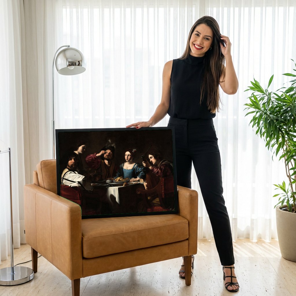 Quadro Decorativo A Ceia de Emaús (segunda versão) - Caravaggio | modelo apresentando o quadro emoldurado