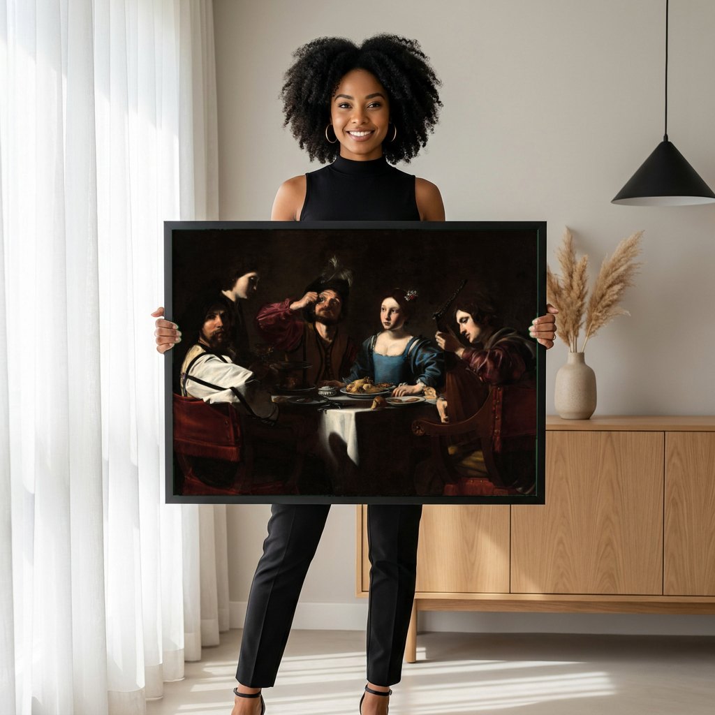 Quadro Decorativo A Ceia de Emaús (segunda versão) - Caravaggio | modelo apresentando o quadro emoldurado
