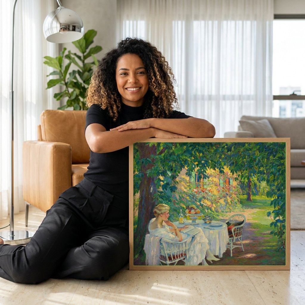 Quadro Decorativo A Leitura no Jardim - Edward Cucuel | modelo apresentando o quadro emoldurado