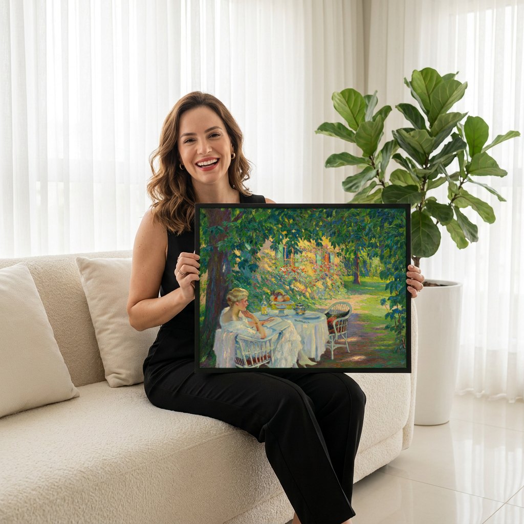 Quadro Decorativo A Leitura no Jardim - Edward Cucuel | modelo apresentando o quadro emoldurado