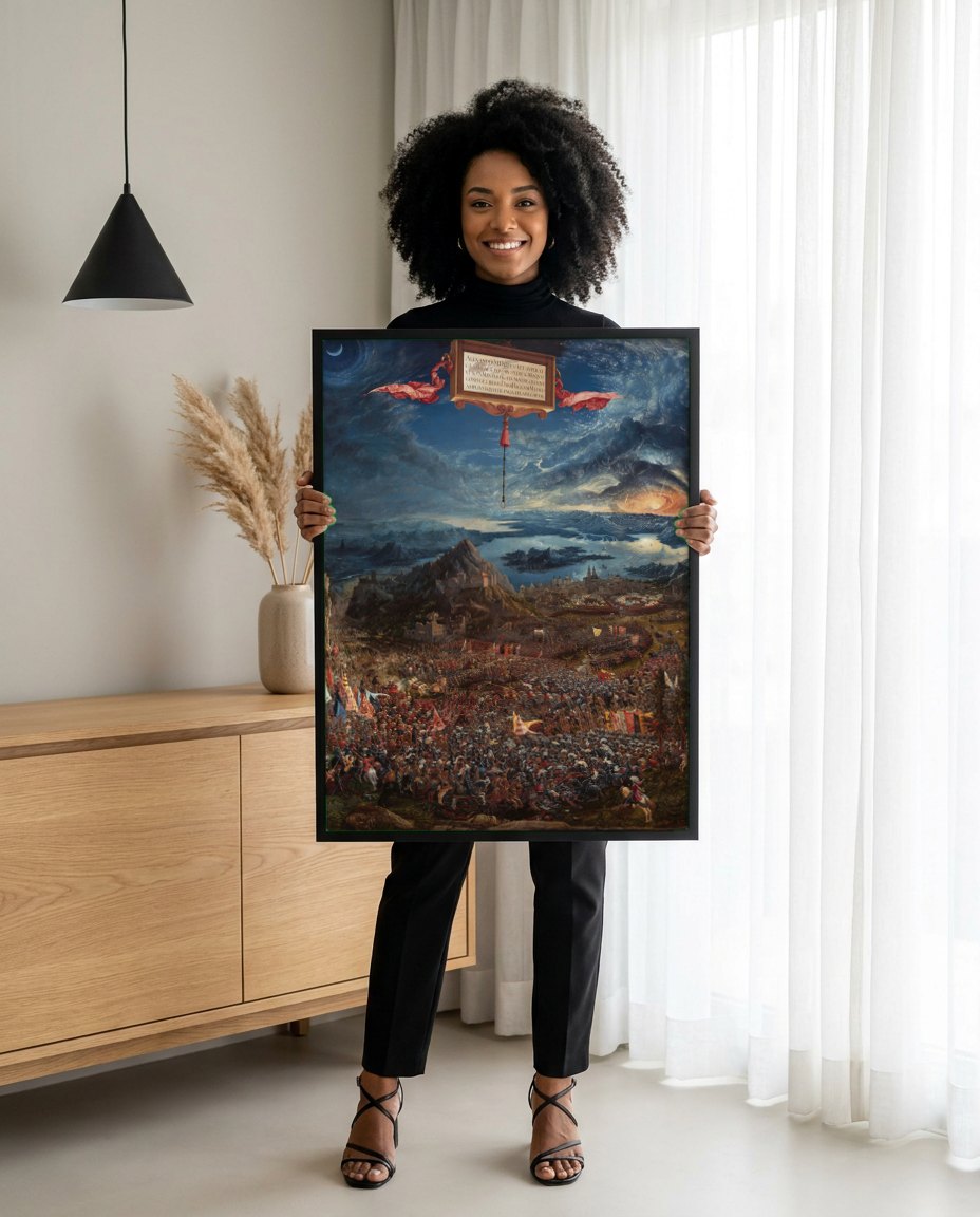Quadro Decorativo A Batalha de Isso - Altdorfer | modelo apresentando o quadro emoldurado