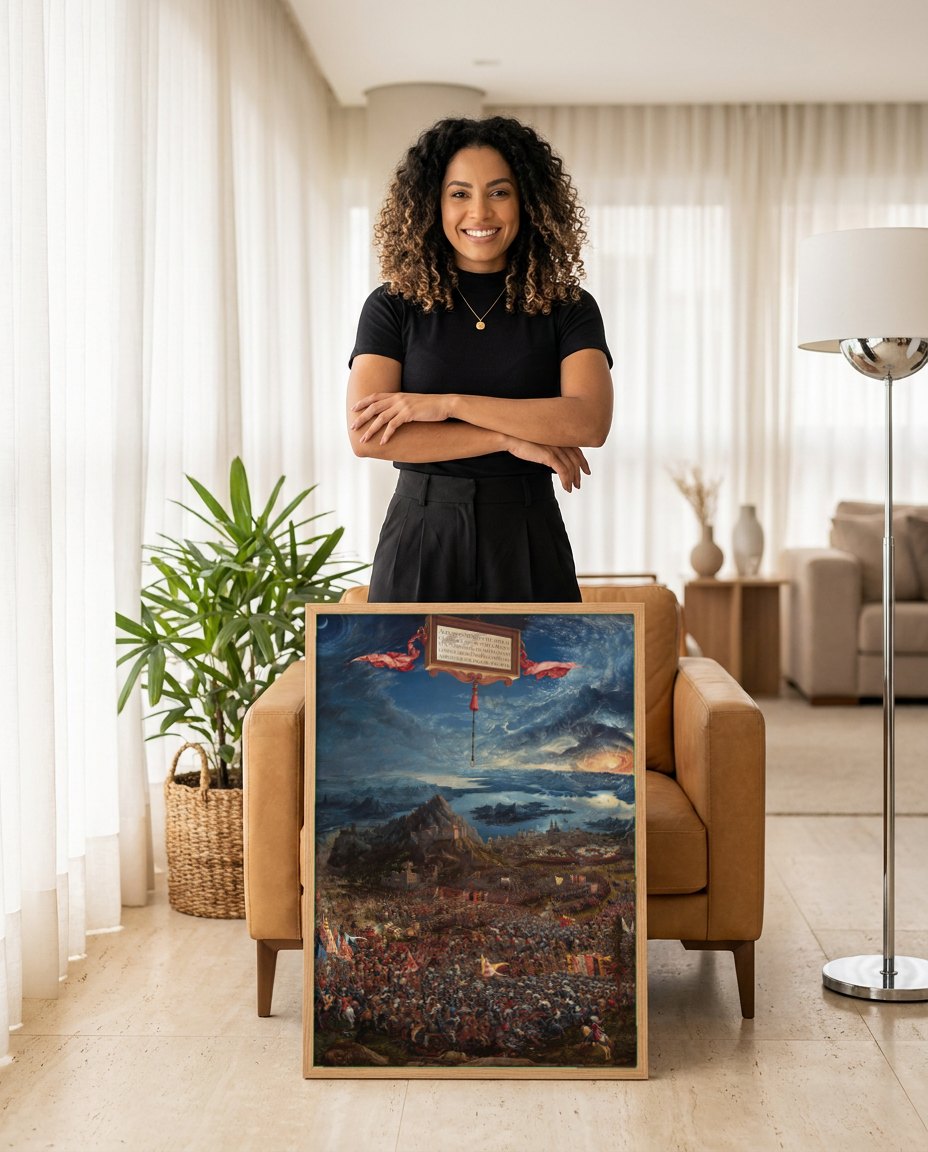 Quadro Decorativo A Batalha de Isso - Altdorfer | modelo apresentando o quadro emoldurado