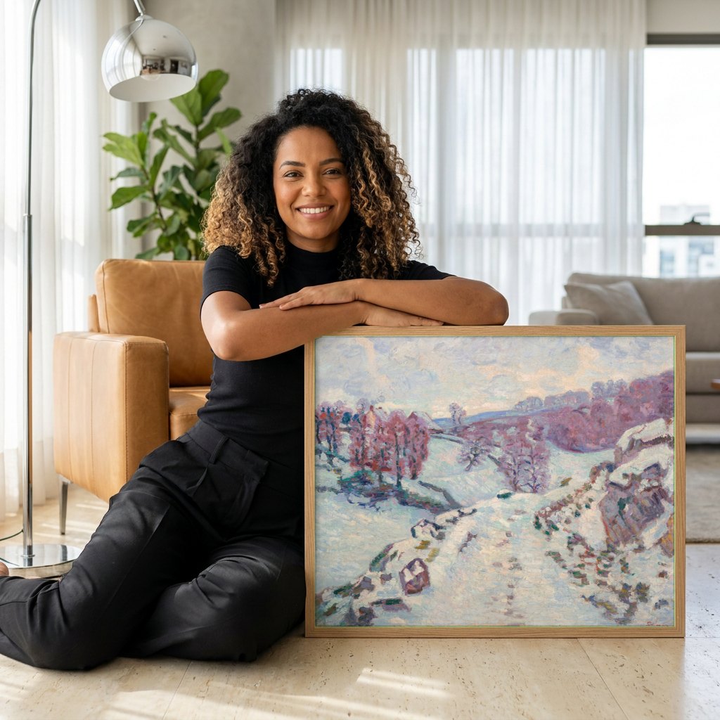 Quadro Decorativo Paisagem Nevada - Armand Guillaumin | modelo apresentando o quadro emoldurado