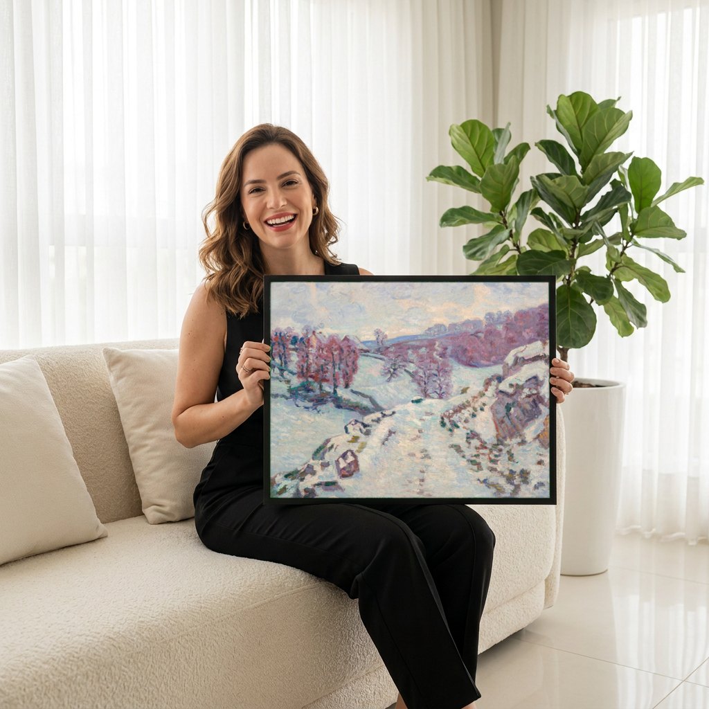 Quadro Decorativo Paisagem Nevada - Armand Guillaumin | modelo apresentando o quadro emoldurado
