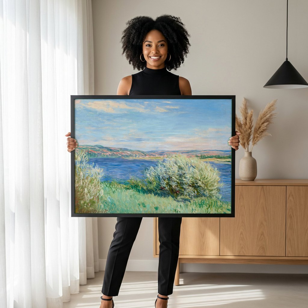 Quadro Decorativo Paisagem com Rio - Claude Monet | modelo apresentando o quadro emoldurado