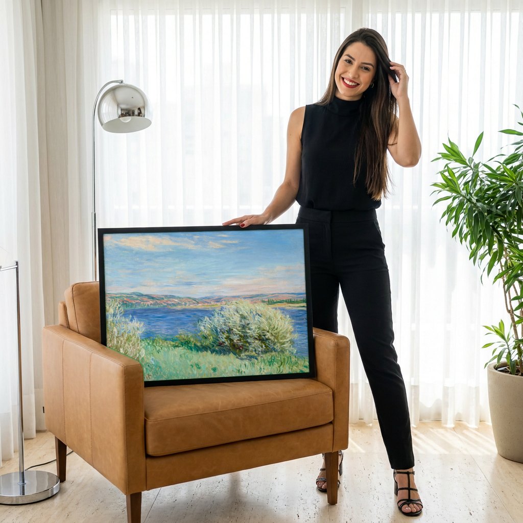 Quadro Decorativo Paisagem com Rio - Claude Monet | modelo apresentando o quadro emoldurado