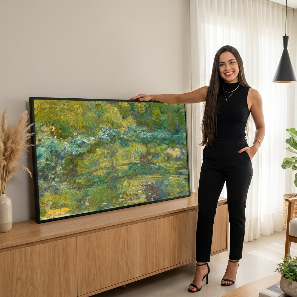 Quadro Decorativo A Ponte Japonesa - Claude Monet | modelo apresentando o quadro emoldurado