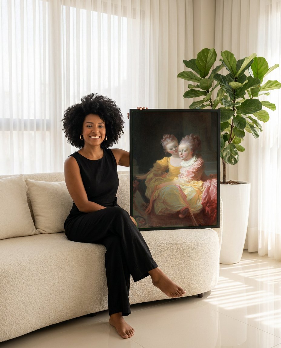 Quadro Decorativo Duas Irmãs - Fragonard | modelo apresentando o quadro emoldurado