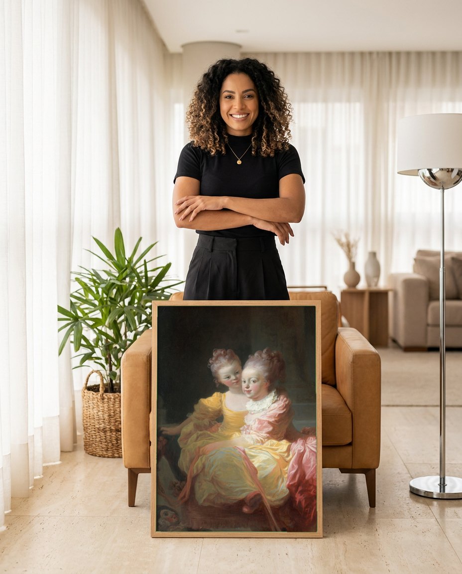 Quadro Decorativo Duas Irmãs - Fragonard | modelo apresentando o quadro emoldurado