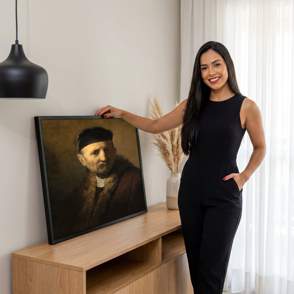 Quadro Decorativo Retrato de um Homem Idoso - Rembrandt | modelo apresentando o quadro emoldurado