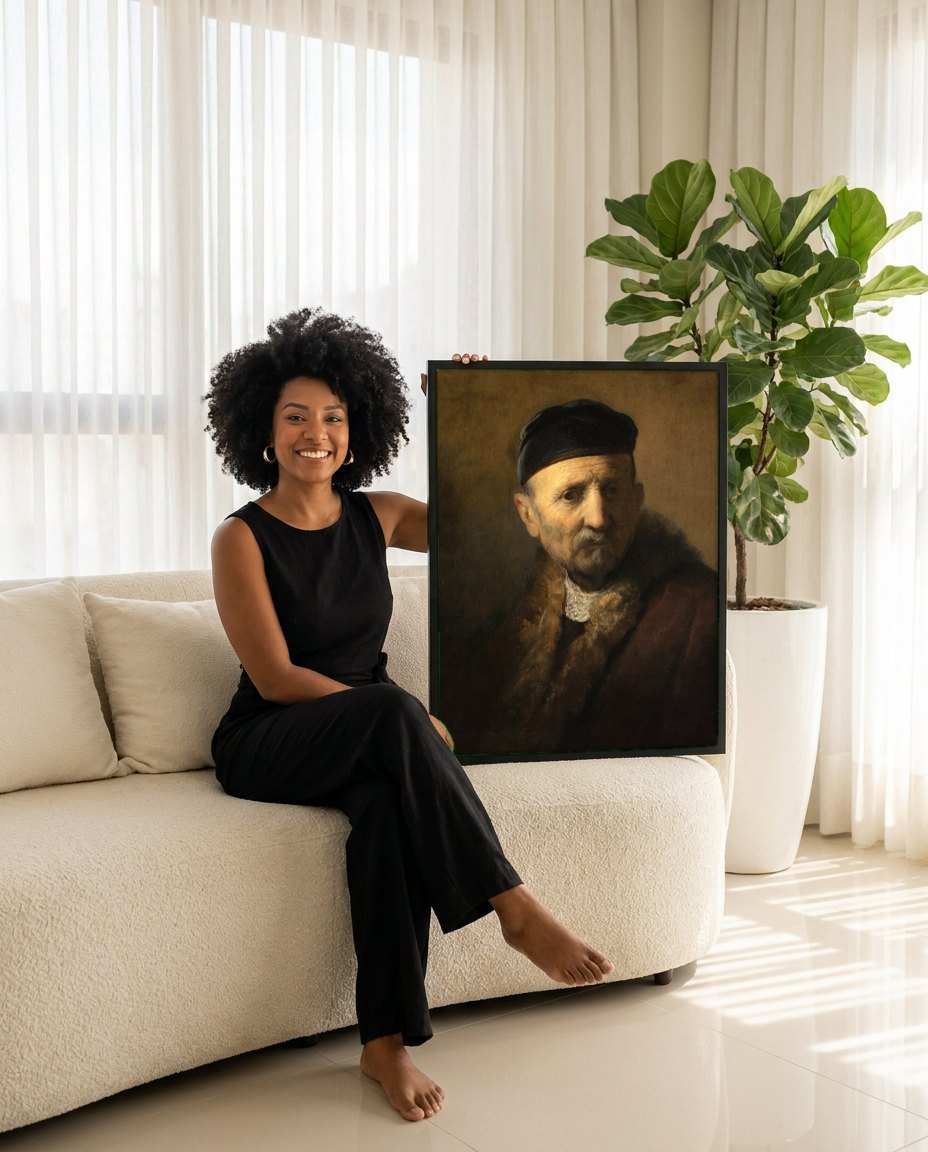 Quadro Decorativo Retrato de um Homem Idoso - Rembrandt | modelo apresentando o quadro emoldurado