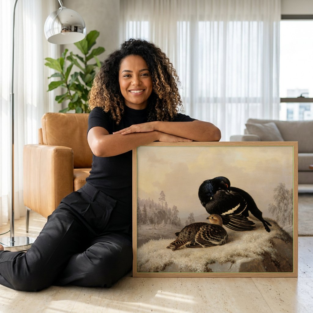 Quadro Decorativo Aves na Neve - Ferdinand von Wright | modelo apresentando o quadro emoldurado
