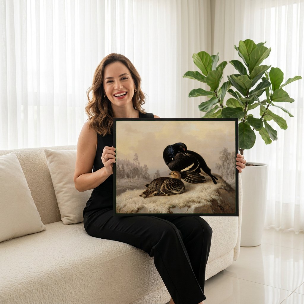 Quadro Decorativo Aves na Neve - Ferdinand von Wright | modelo apresentando o quadro emoldurado