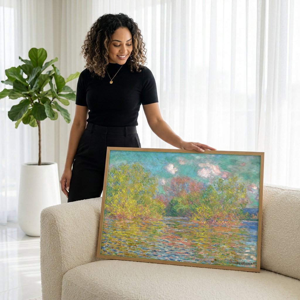 Quadro Decorativo Paisagem Fluvial - Claude Monet | modelo apresentando o quadro emoldurado