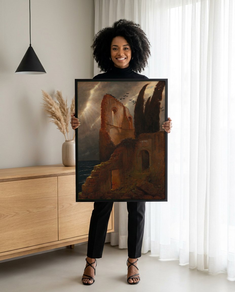 Quadro Decorativo Ruínas ao Mar - Arnold Böcklin com modelo em ambiente