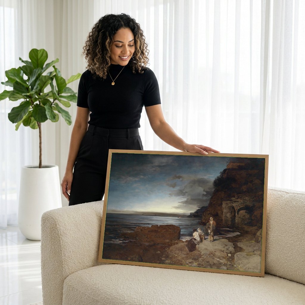 Quadro Decorativo Cenas Costeiras - Oswald Achenbach | modelo apresentando o quadro emoldurado