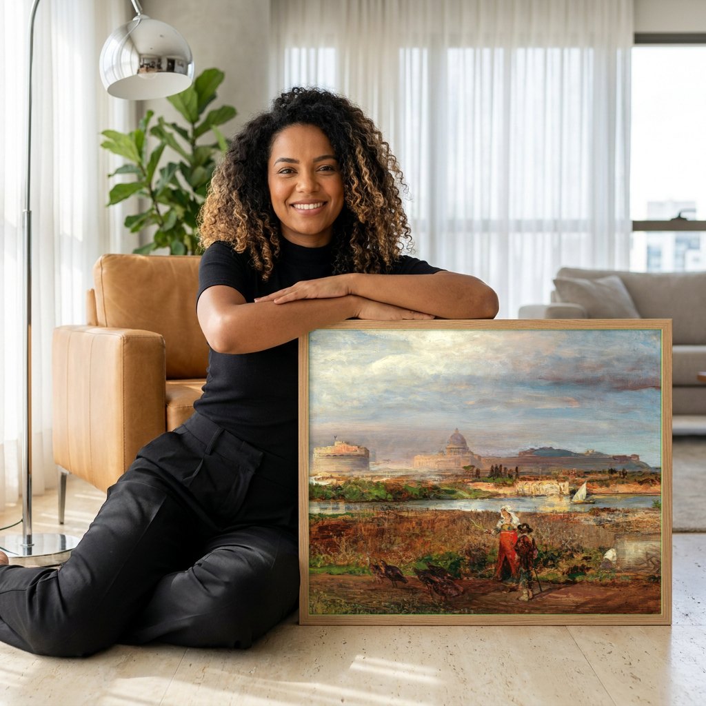 Quadro Decorativo Paisagem Romana - Oswald Achenbach | modelo apresentando o quadro emoldurado