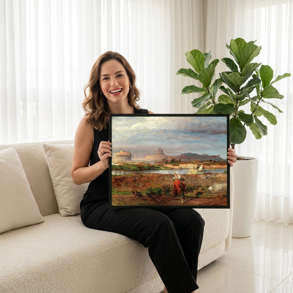 Quadro Decorativo Paisagem Romana - Oswald Achenbach | modelo apresentando o quadro emoldurado