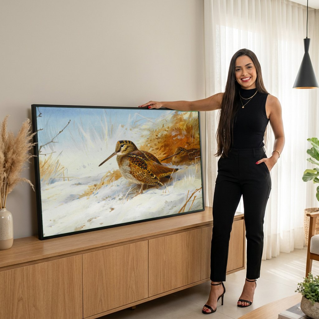 Quadro Decorativo Aves na Neve - Archibald Thorburn | modelo apresentando o quadro emoldurado
