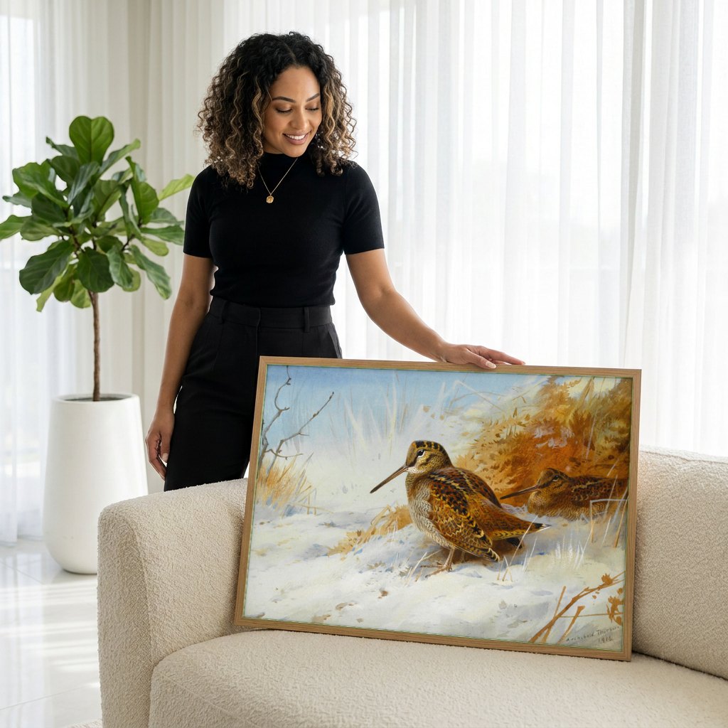 Quadro Decorativo Aves na Neve - Archibald Thorburn | modelo apresentando o quadro emoldurado