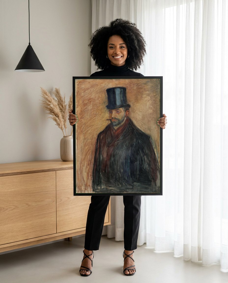 Quadro Decorativo Retrato com Cartola - Edvard Munch | modelo apresentando o quadro emoldurado