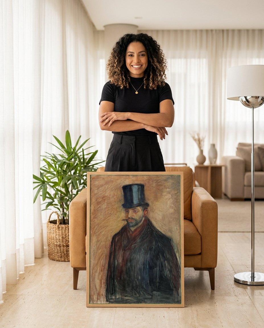 Quadro Decorativo Retrato com Cartola - Edvard Munch | modelo apresentando o quadro emoldurado