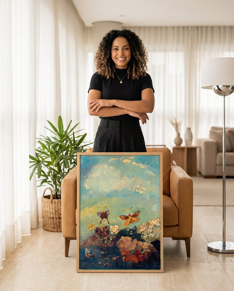 Quadro Decorativo Borboletas e Flores - Odilon Redon | modelo apresentando o quadro emoldurado