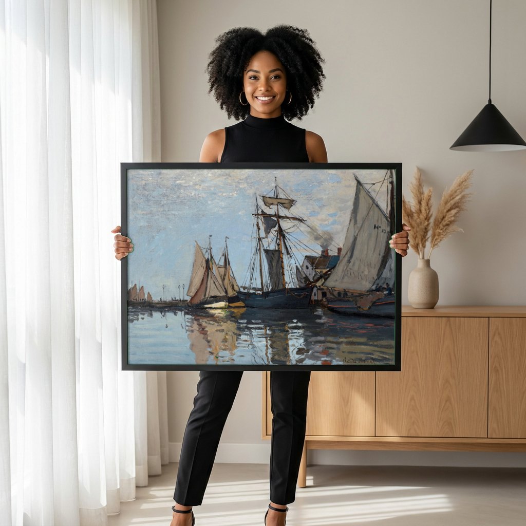 Quadro Decorativo Porto com Barcos - Claude Monet | modelo apresentando o quadro emoldurado