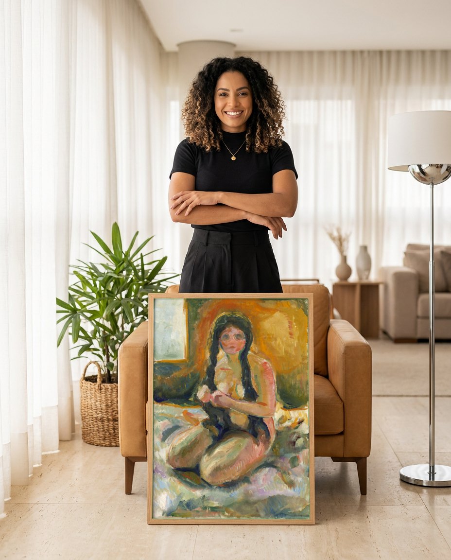 Quadro Decorativo A Filha do Pescador - Edvard Munch | modelo apresentando o quadro emoldurado