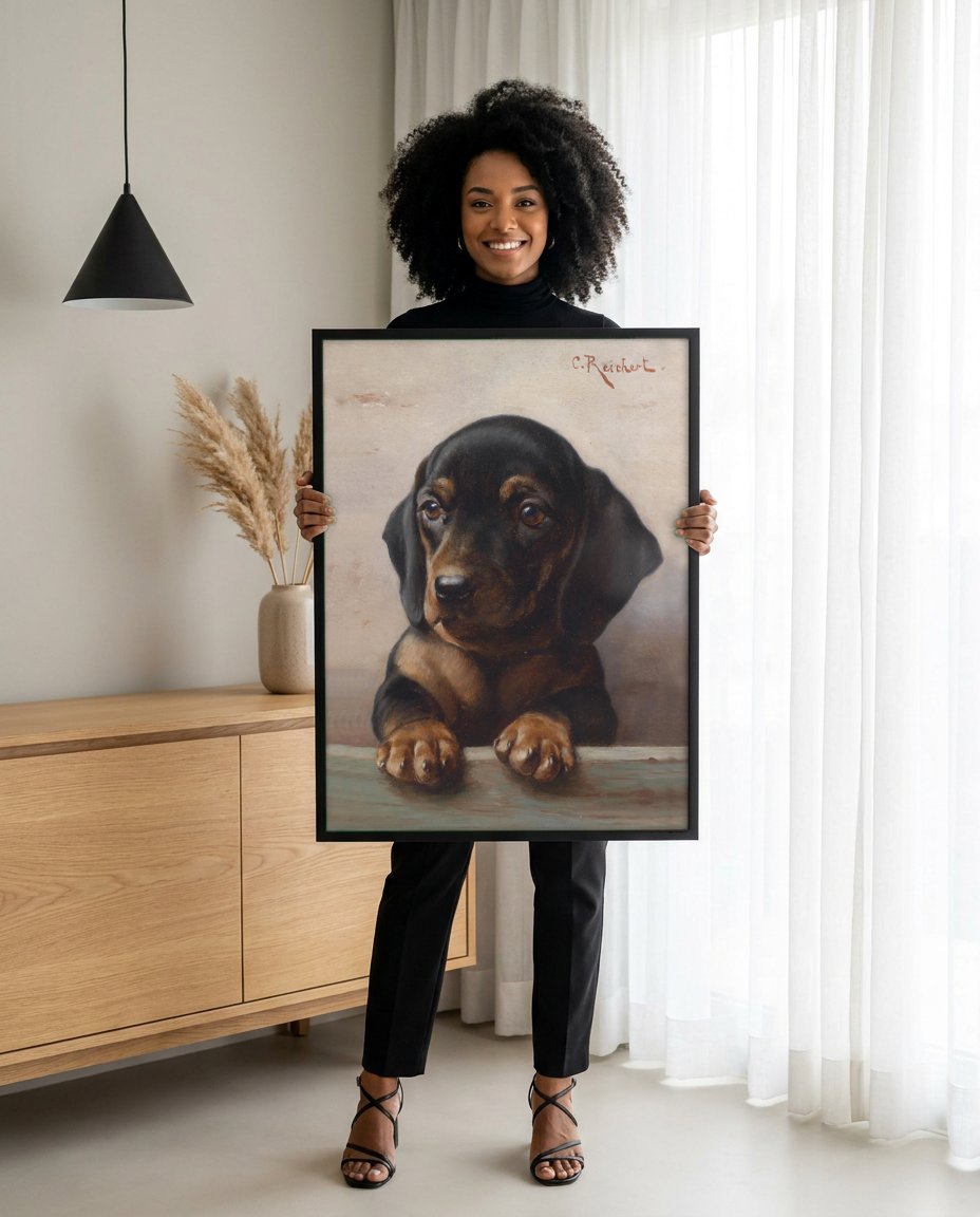 Quadro Decorativo Filhote de Dachshund - Carl Reichert com modelo em ambiente