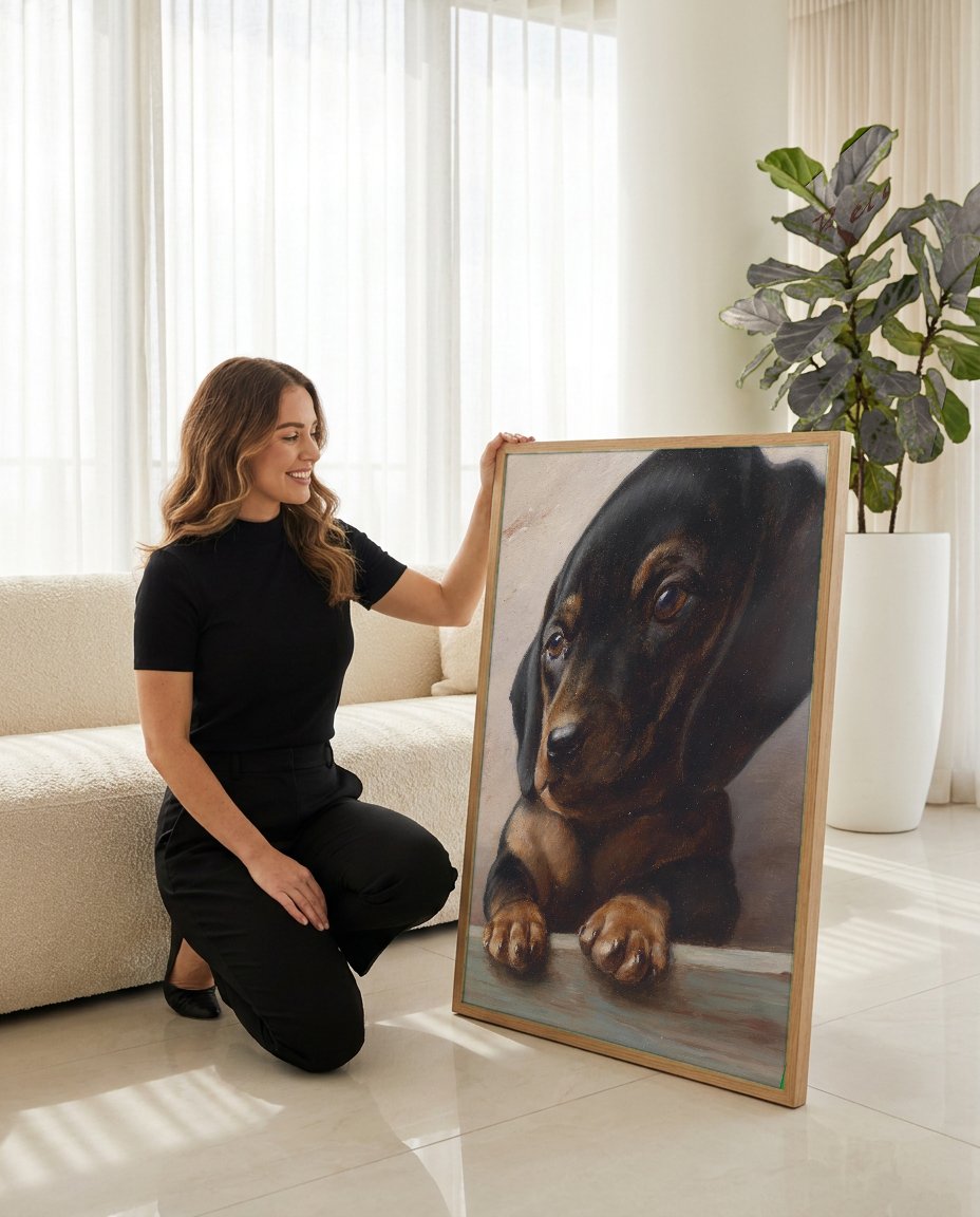 Quadro Decorativo Filhote de Dachshund - Carl Reichert com modelo em ambiente