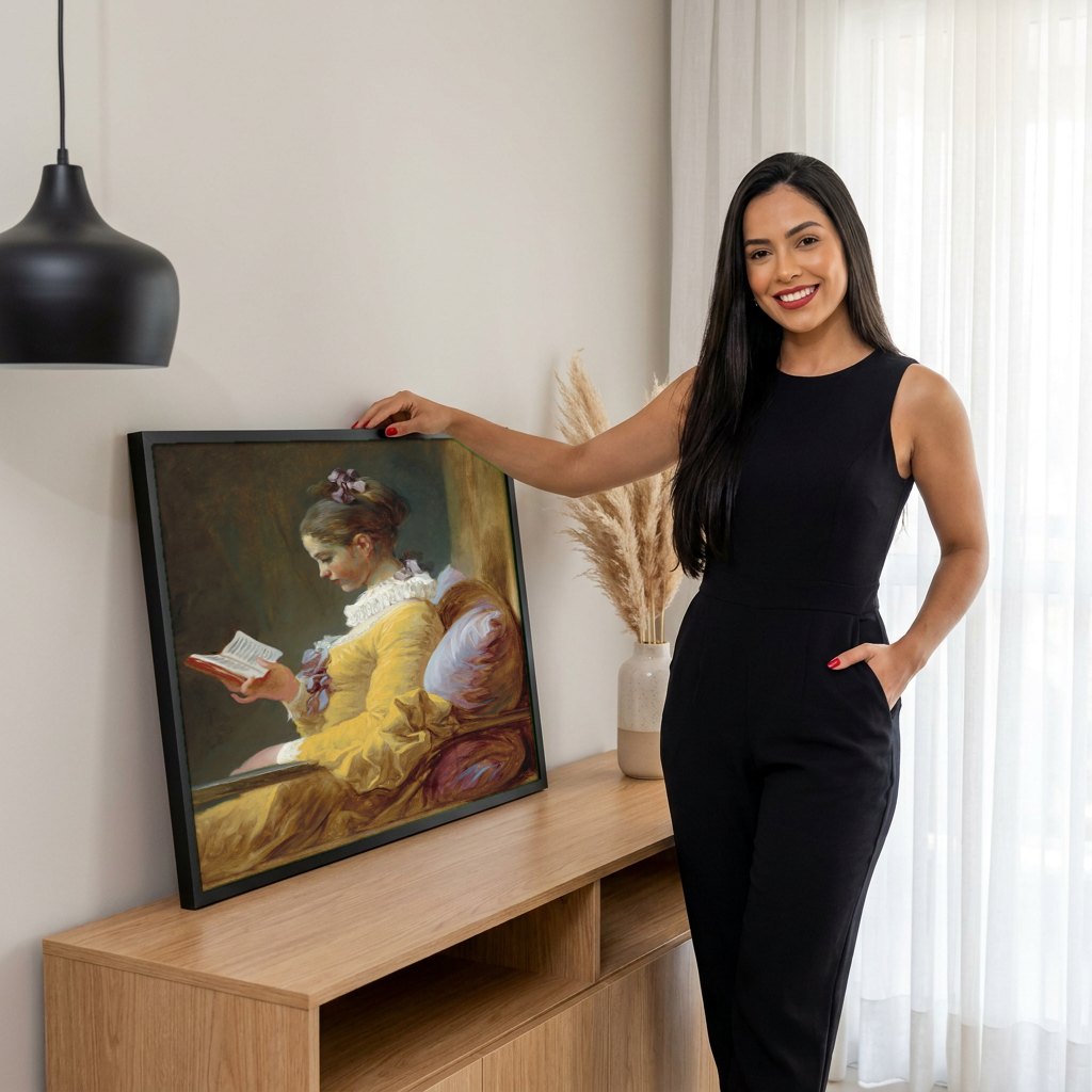 Quadro Decorativo A Leitora - Fragonard | modelo apresentando o quadro emoldurado