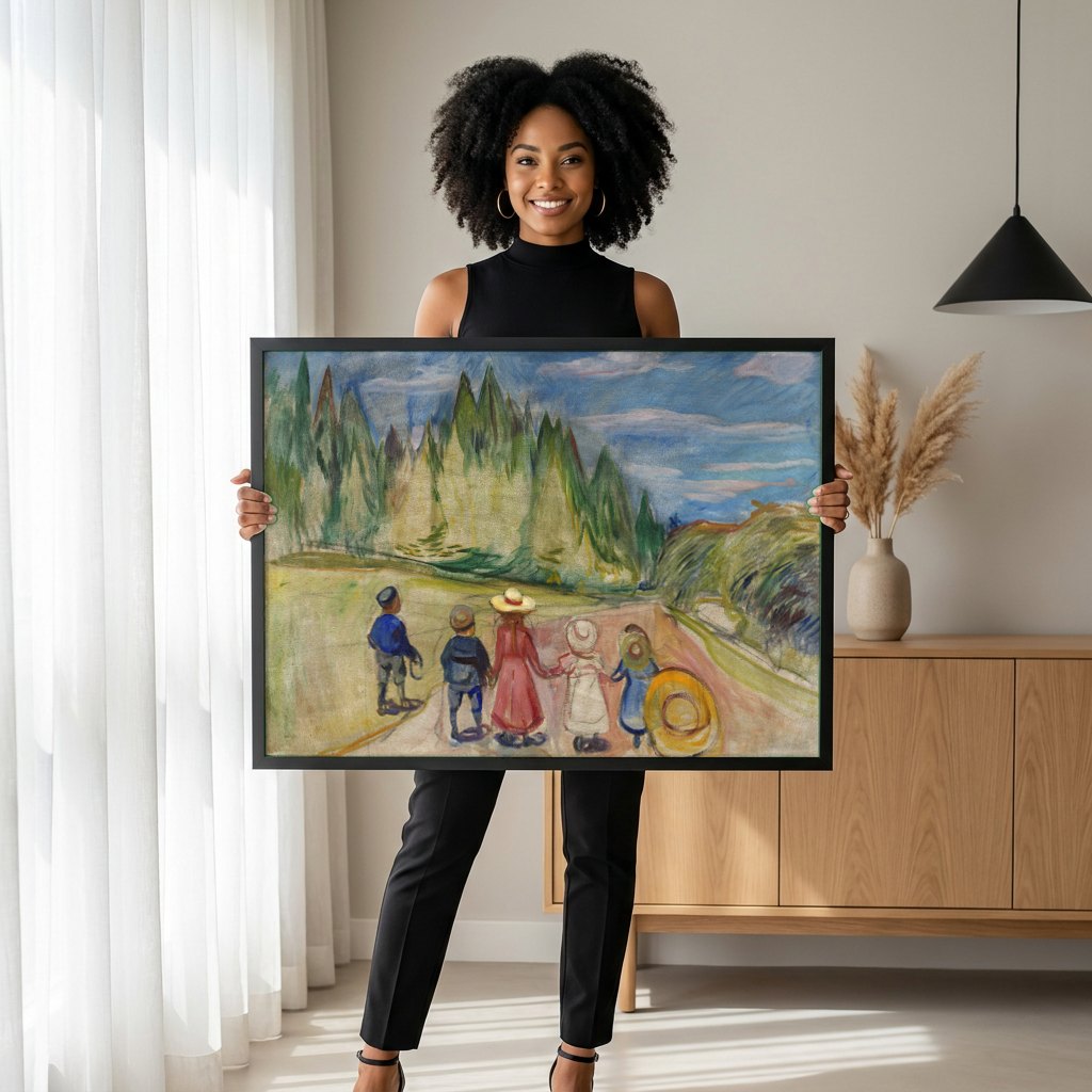 Quadro Decorativo Crianças na Estrada - Edvard Munch | modelo apresentando o quadro emoldurado